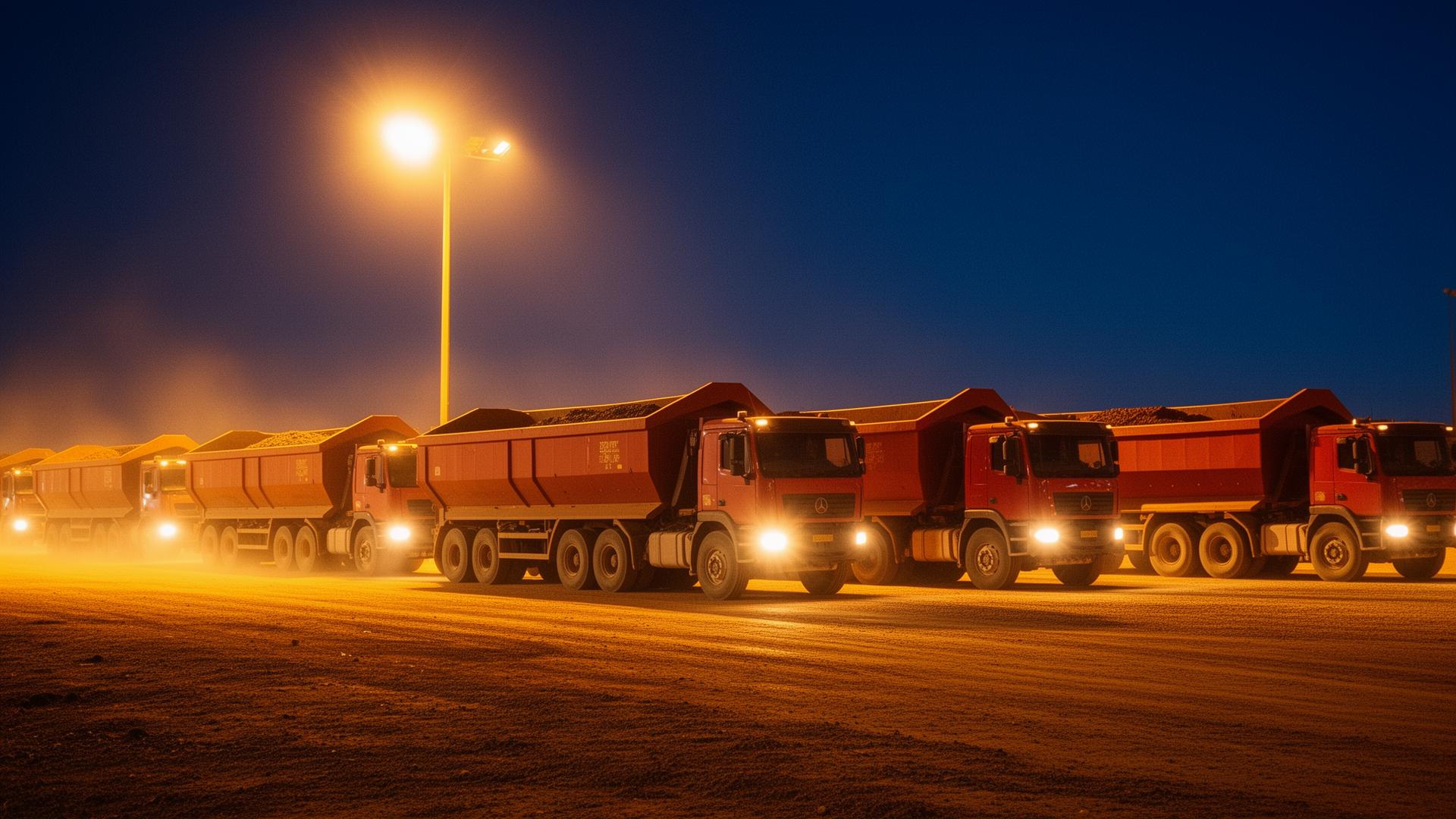 Convoy of side-tipper trucks queued at a Southern African border post at night, headlights cutting through dust under sodium lamps